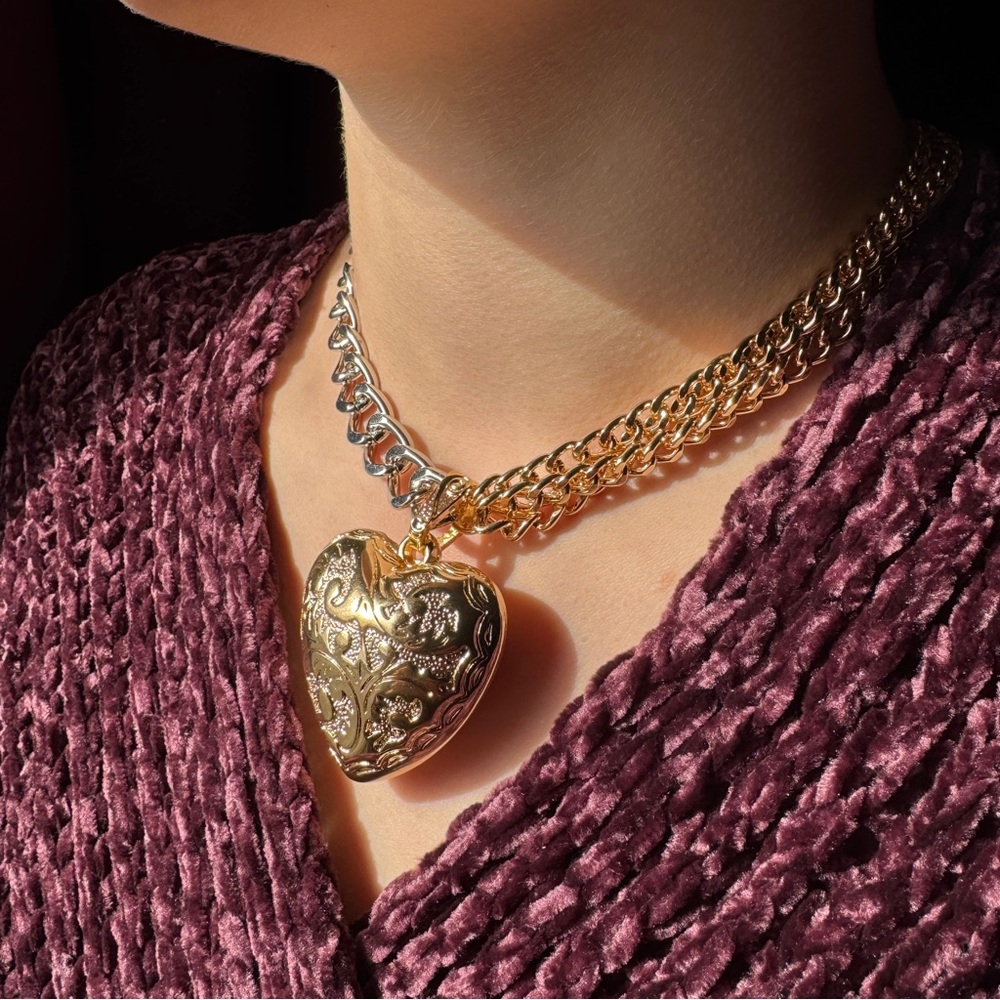 Puffy Heart Necklace Thick Gold & Silver Chain - Picture 2 of 7